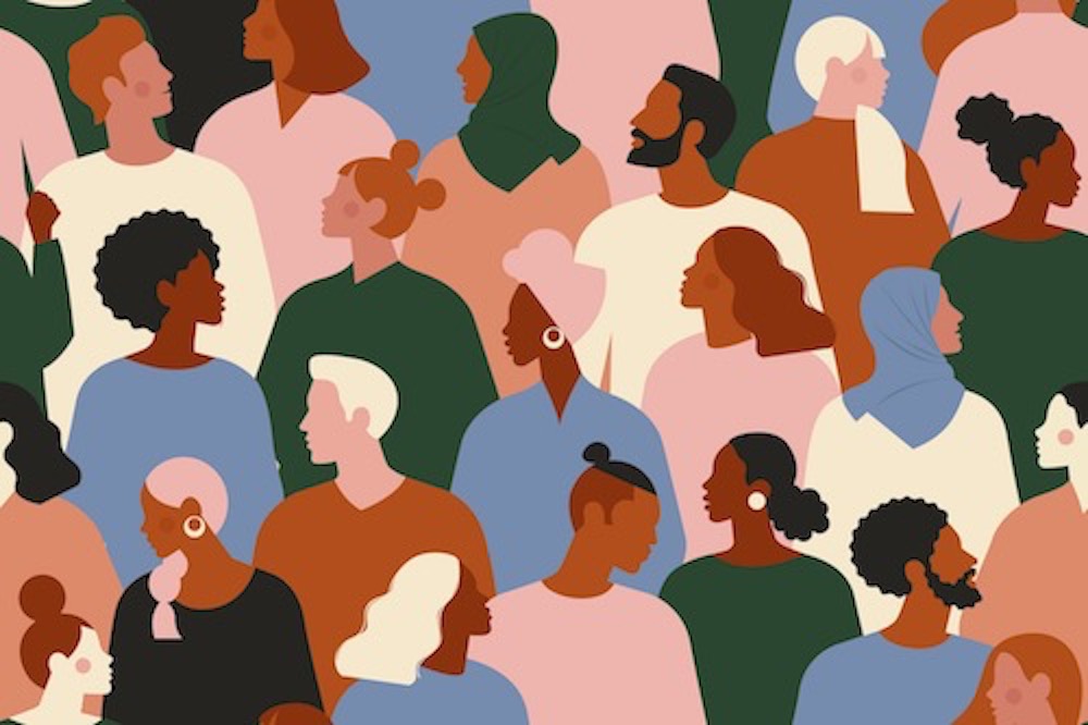 graphic with diverse animated people sitting in rows