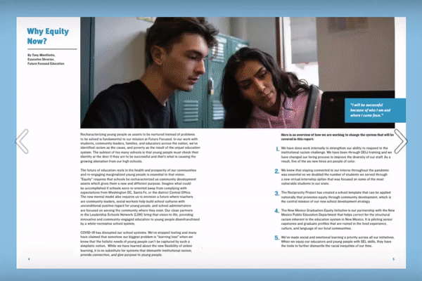 Flipping pages of the magazine style layout of the Equity Report featuring images of students at work.