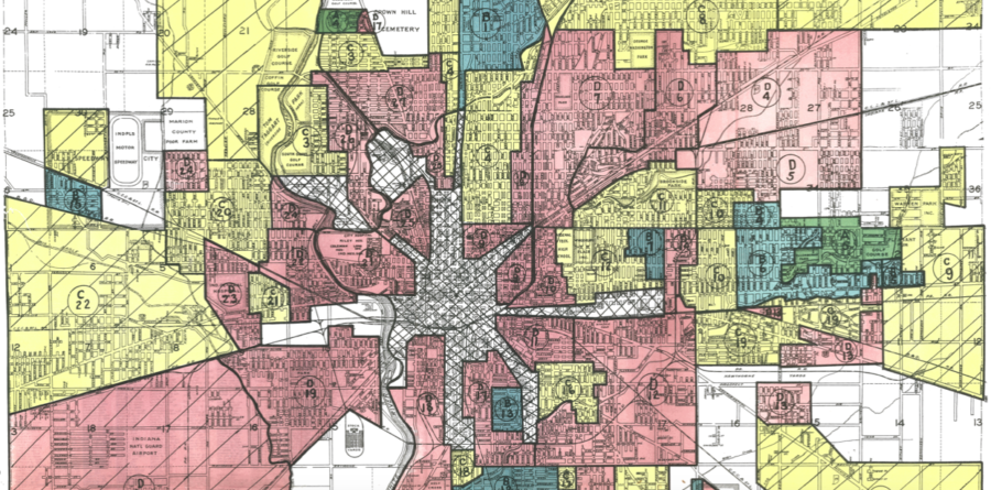 A map of the 1950s showing redlining districts that result in inequitable segreagation.